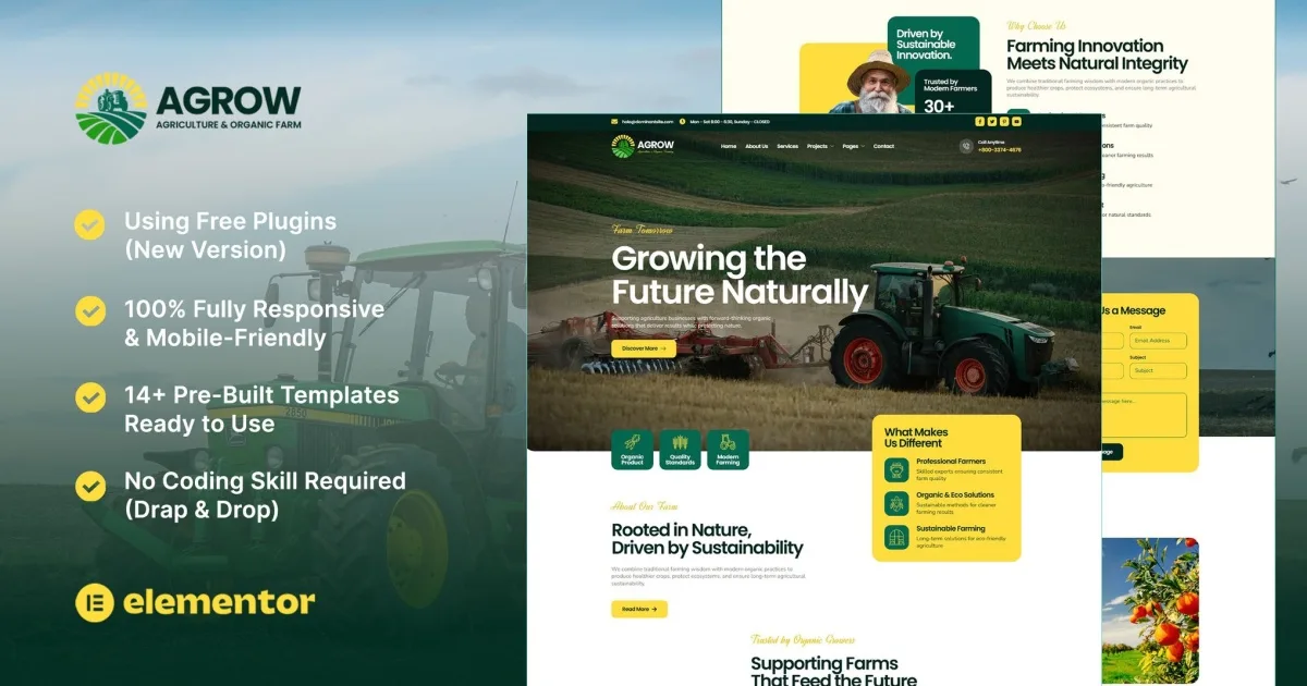 Agrow – Organic Farm Agriculture Elementor Template Kit