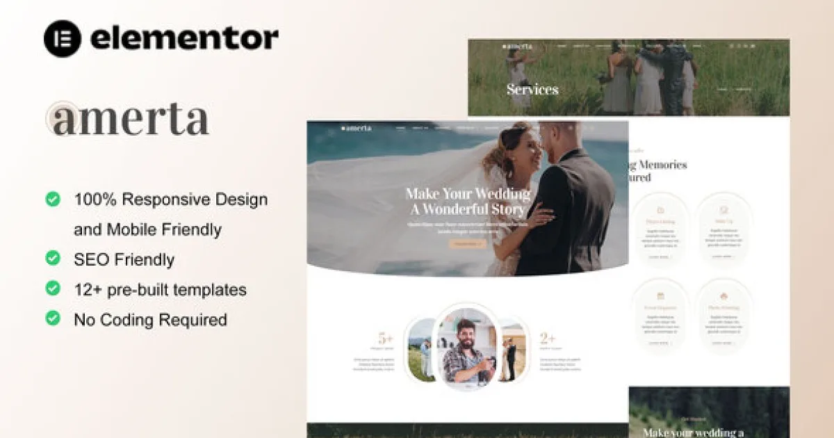 Amerta – Wedding Photography Service Elementor Template Kit - Official Release Preview