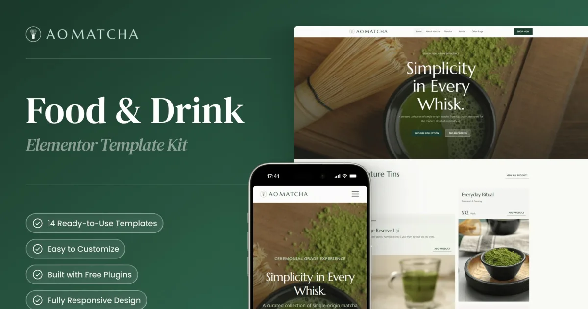 AOMatcha – Food & Drink Elementor Template Kit