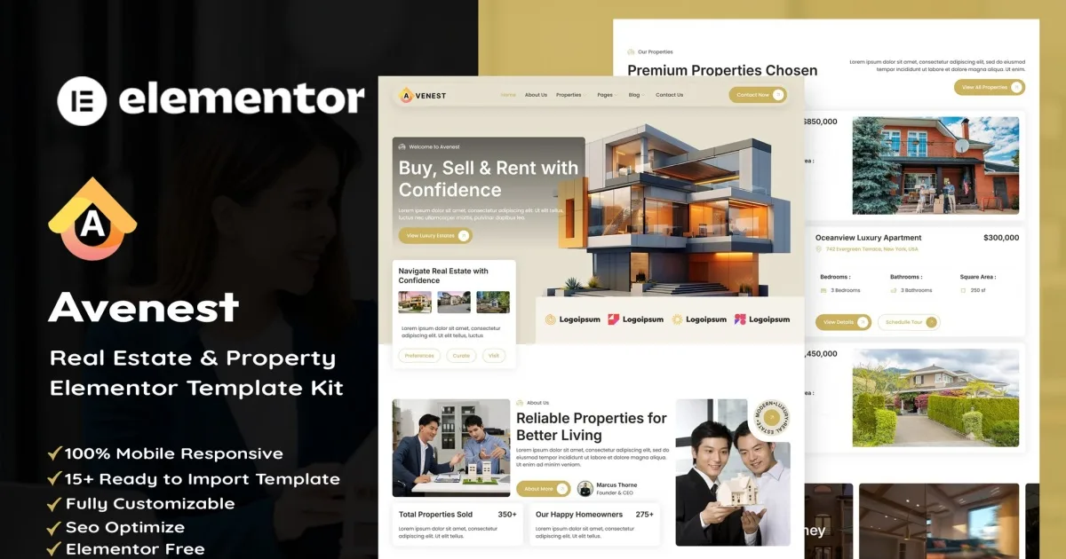Avenest – Real Estate & Property Showcase Elementor Template Kit