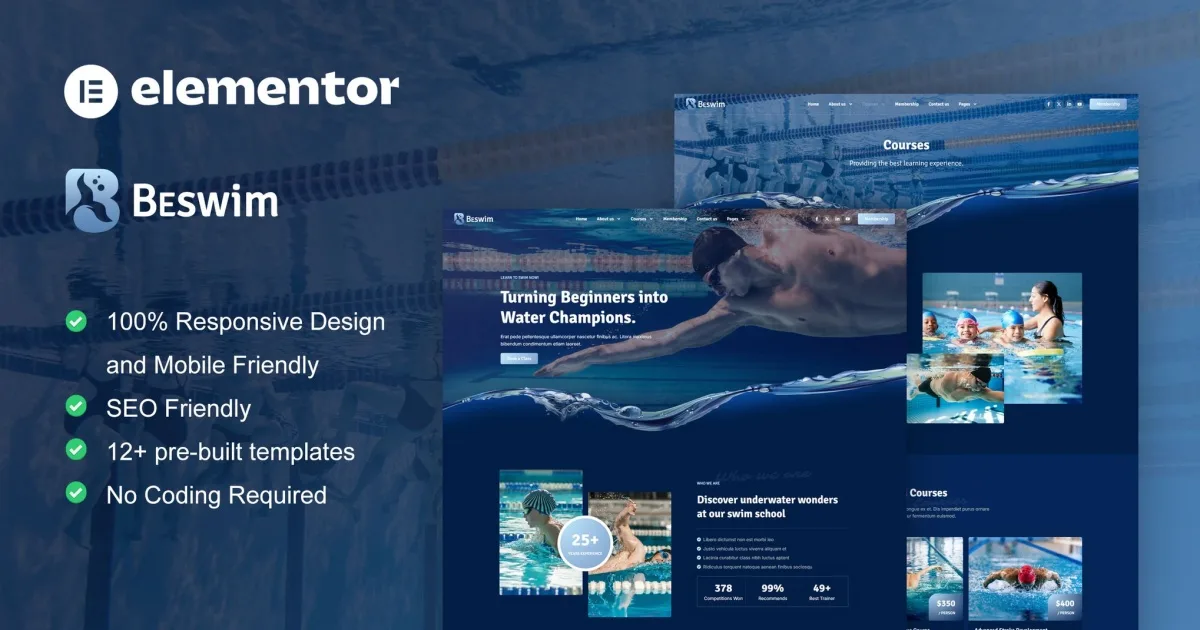 Beswim – Swimming Courses & Training Elementor Pro Template Kit