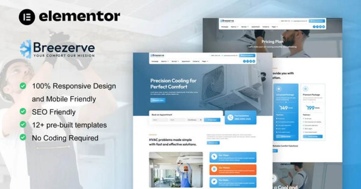 Breezerve – Air Conditioner & HVAC Repair Elementor Pro Template Kit
