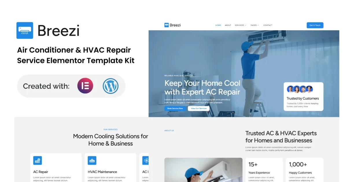 Breezi – Air Conditioner & HVAC Repair Service Elementor Template Kit