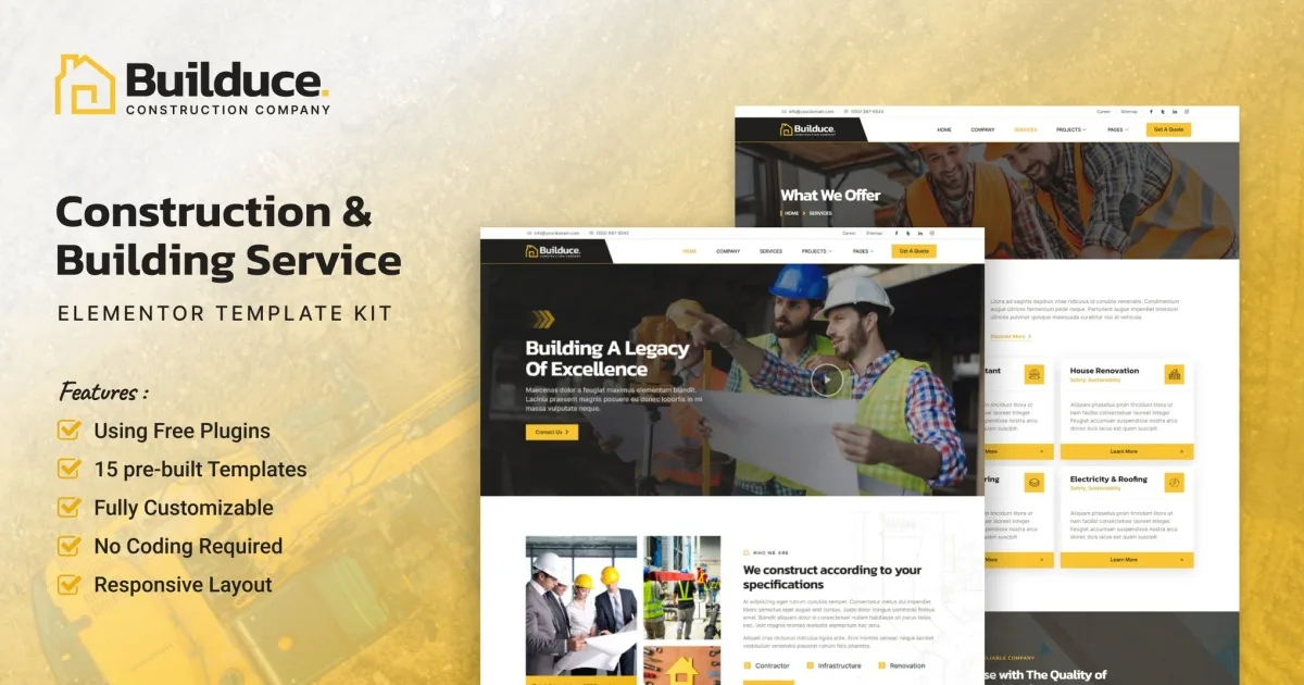 Builduce – Construction & Building Service Elementor Template Kit
