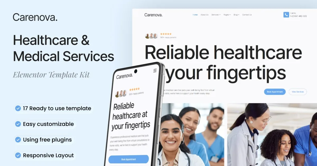 Carenova – Healthcare & Medical Services Elementor Template Kit