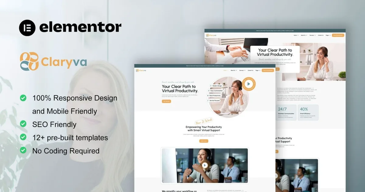 Claryva – Virtual Assistant Elementor Template Kit