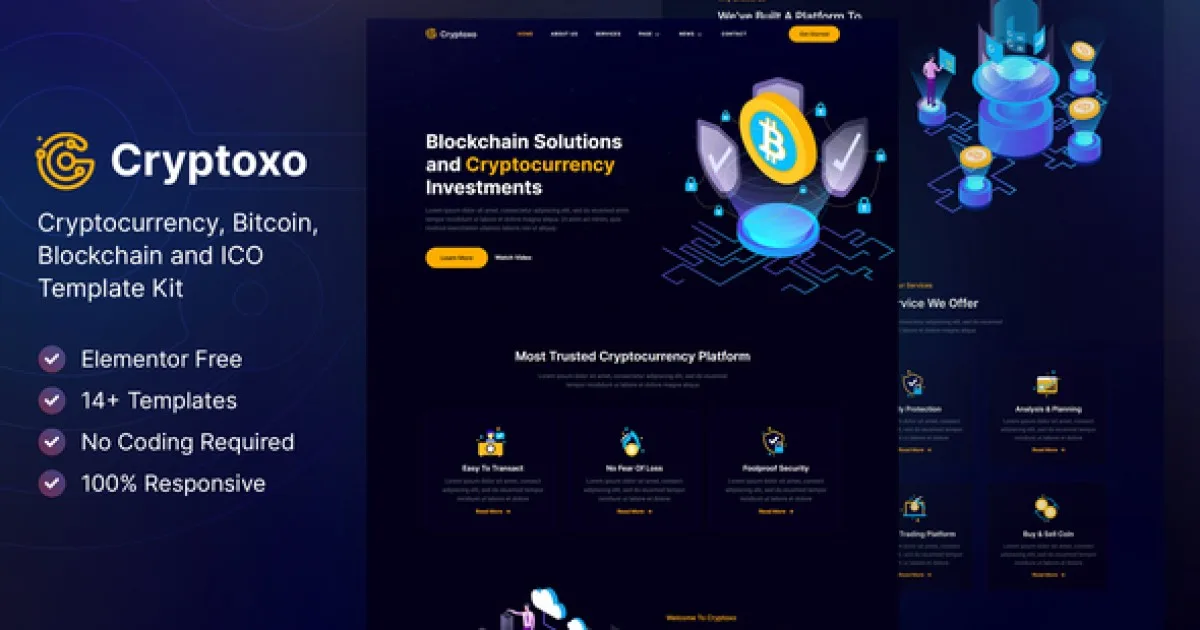 Cryptoxo – Cryptocurrency Blockchain & Bitcoin Elementor Template Kit