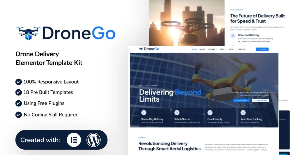 DroneGo – Drone Delivery Elementor Template Kit