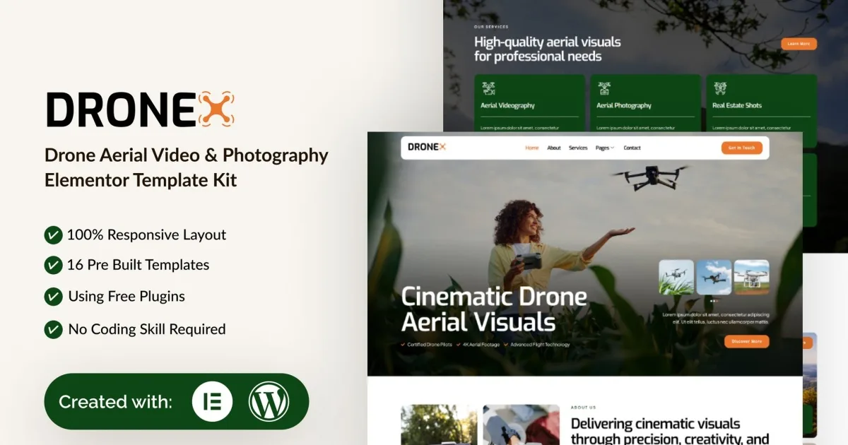 Dronex – Drone Aerial Video & Photography Elementor Template Kit