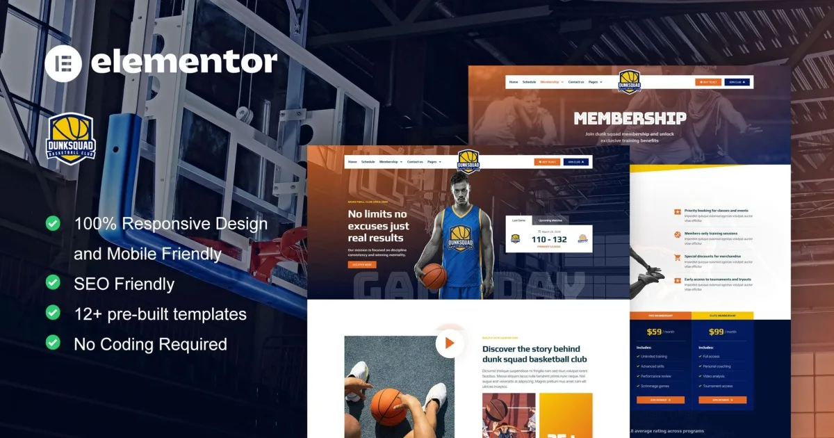 DunkSquad – Basketball Team & Sport Club Elementor Pro Template Kit
