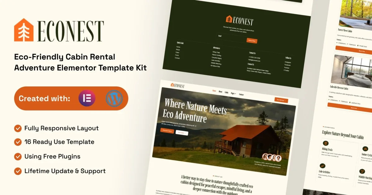 Econest – Eco-Friendly Cabin Rental Adventure Elementor Template Kit