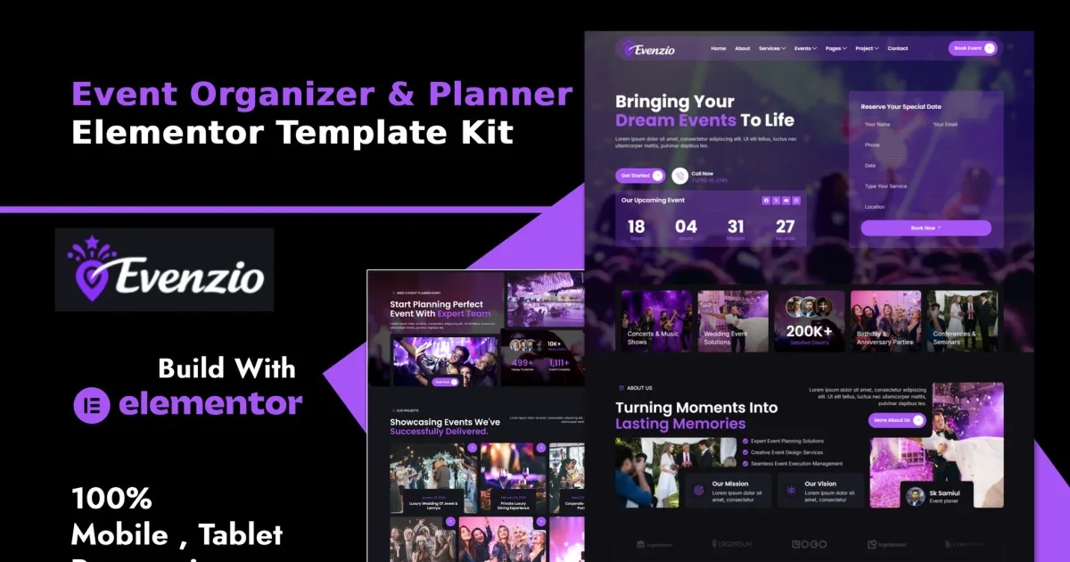 Evenzio – Event Organizer & Planner Elementor Template Kit