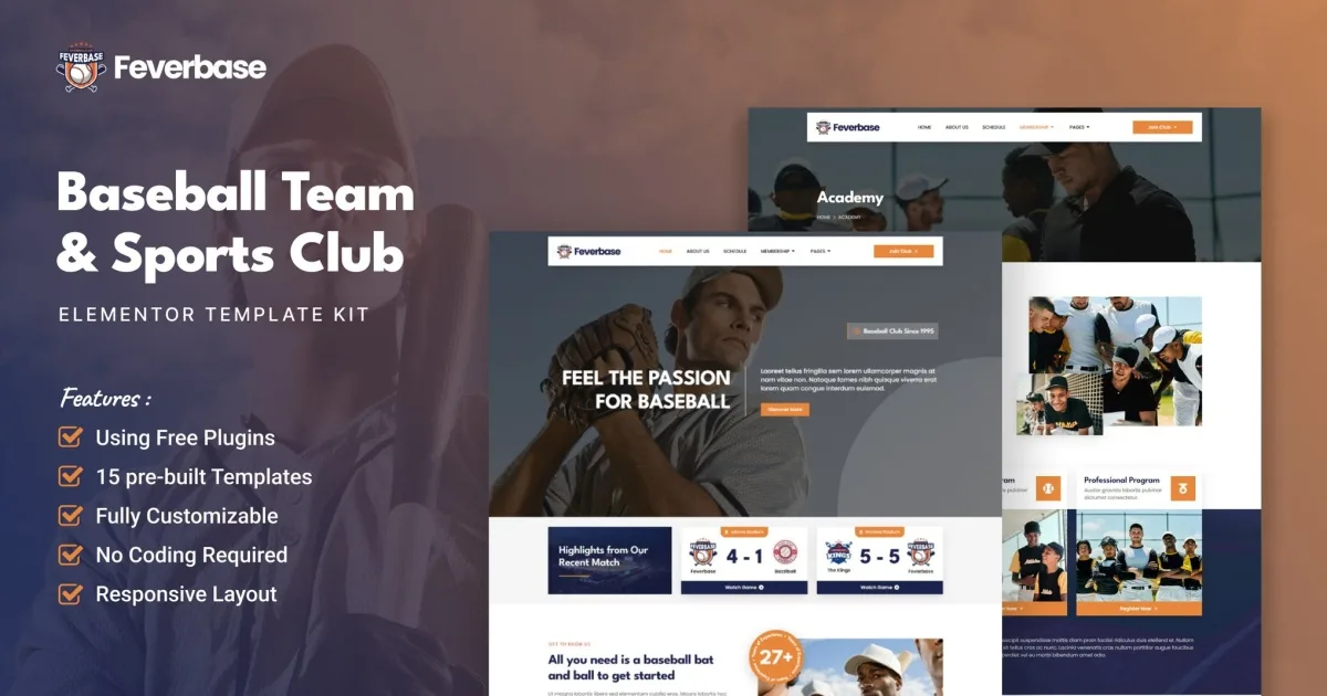 Feverbase – Baseball Team & Sports Club Elementor Template Kit
