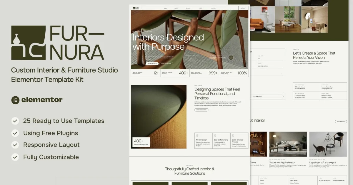 Furnora – Custom Interior & Furniture Studio Elementor Template Kit