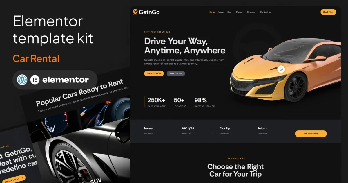GetnGo – Car Rental Elementor Template Kit