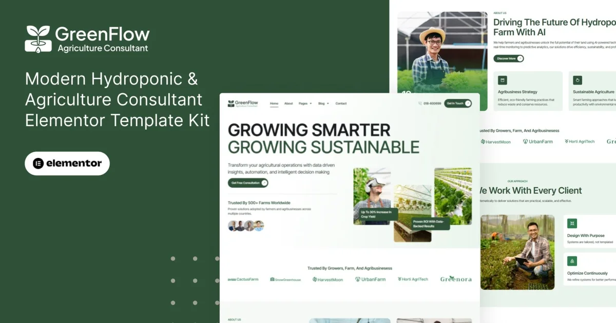 GreenFlow – Modern Hydroponic & Agriculture Consultant Elementor Pro Template Kit