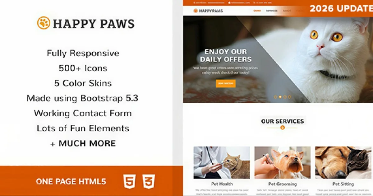 Happy Paws – Pet Responsive One Page HTML