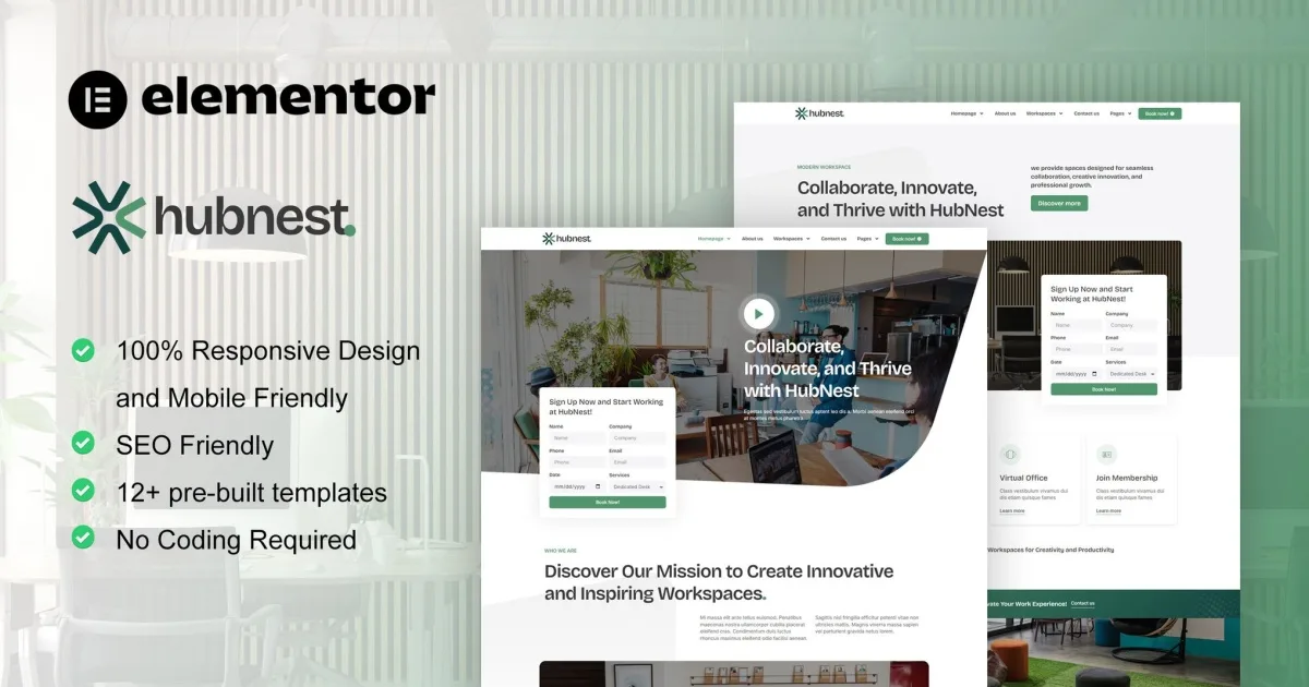 Hubnest – Coworking Space & Virtual Office Elementor Pro Template Kit