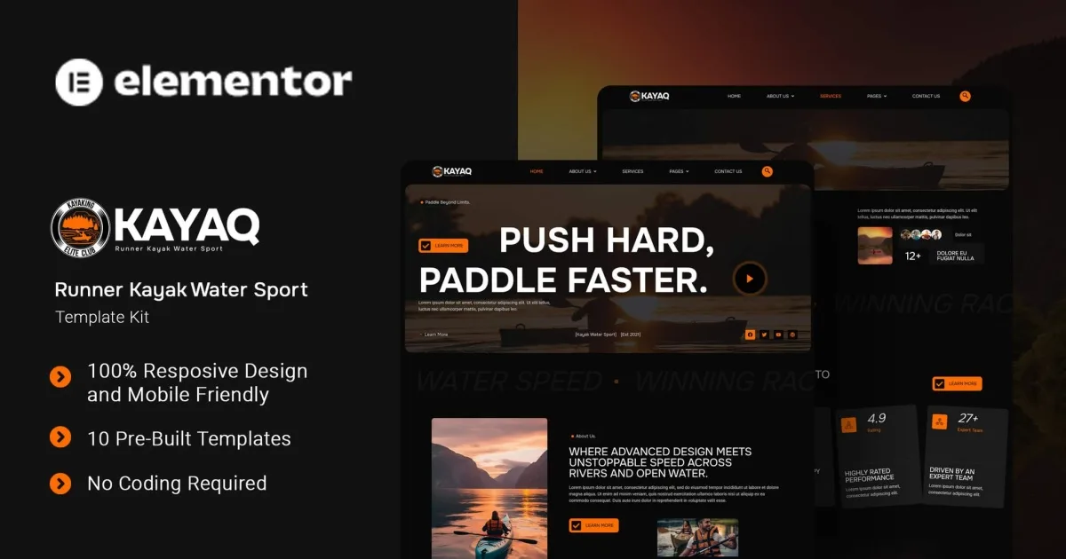 Kayaq – Runner Kayak Water Sport Elementor Template Kit
