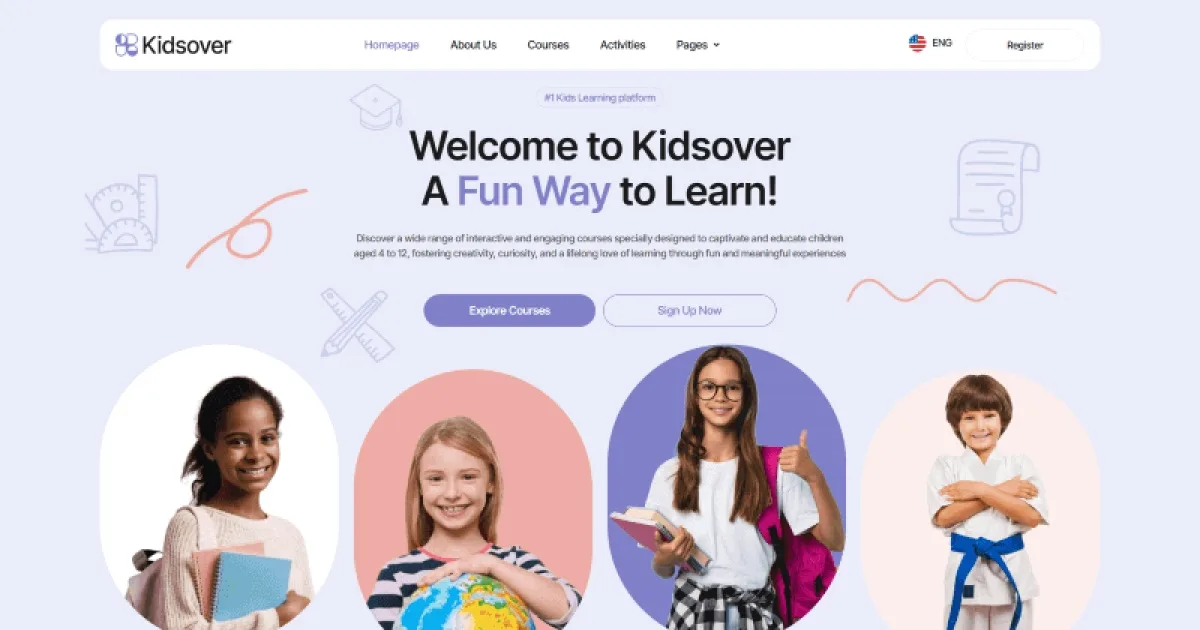 Kidsover Children’s Learning Platform Elementor Template Kit for Online Education and Early Learning
