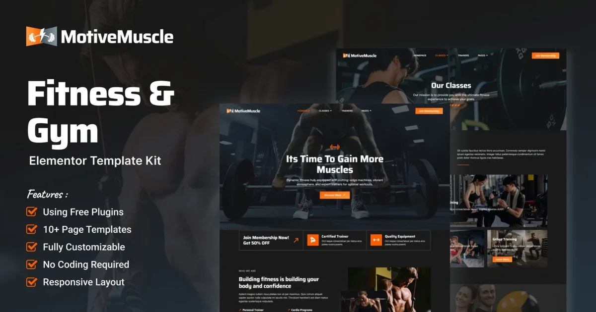 MotiveMuscle – Fitness & Gym Elementor Template Kit