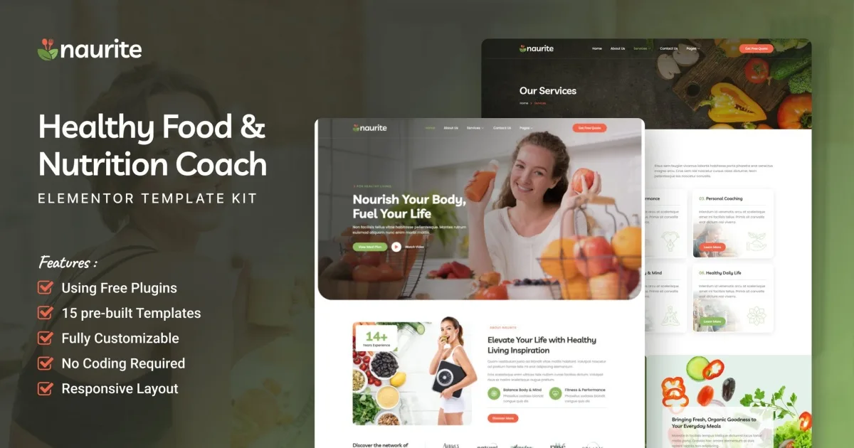Naurite – Healthy Food & Nutrition Coach Elementor Template Kit