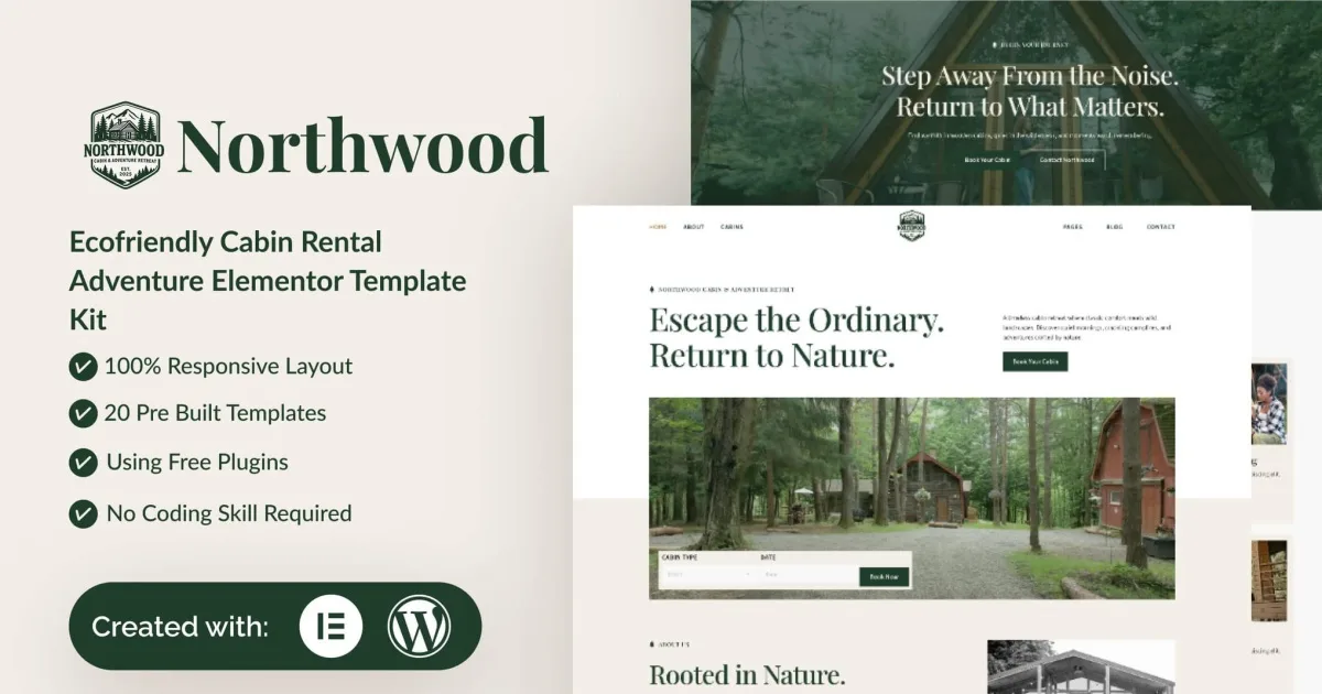 Northwood – Eco-Friendly Cabin Rental Adventure Elementor Template Kit
