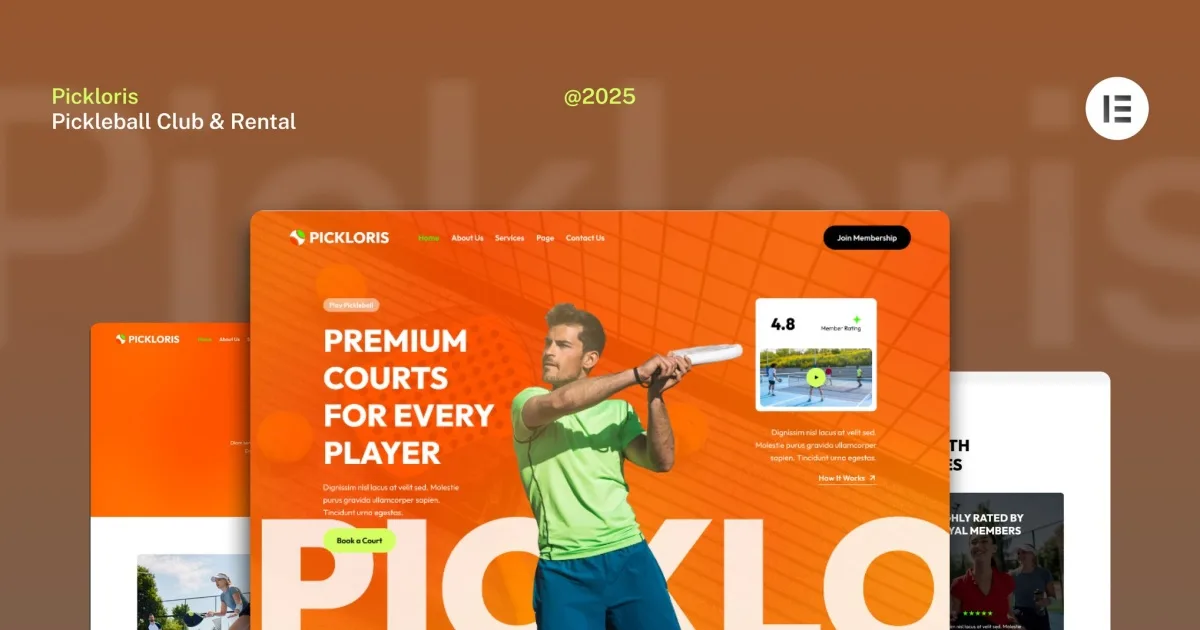 Pickloris – Pickleball Club & Rental Court Website Elementor Template Kit