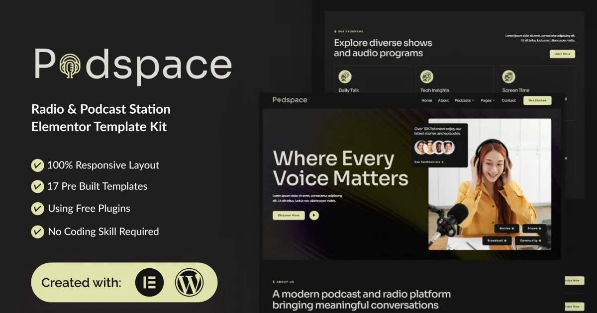 Podspace – Radio & Podcast Station Elementor Template Kit