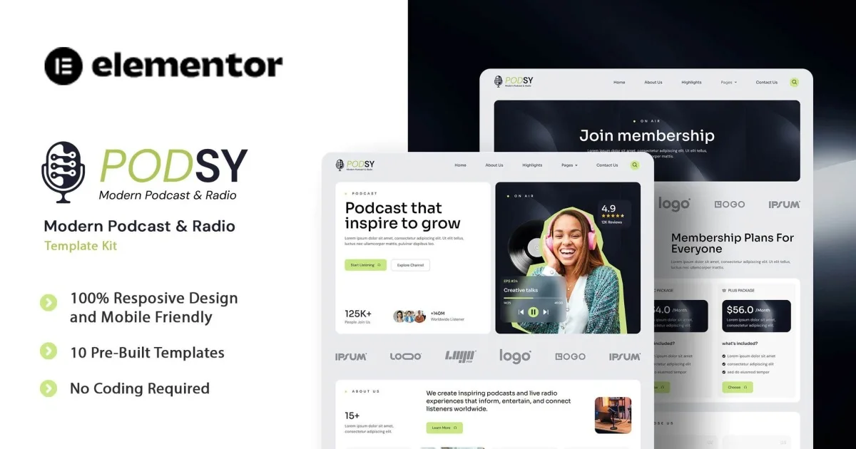 Podsy – Modern Podcast & Radio Elementor Template Kit