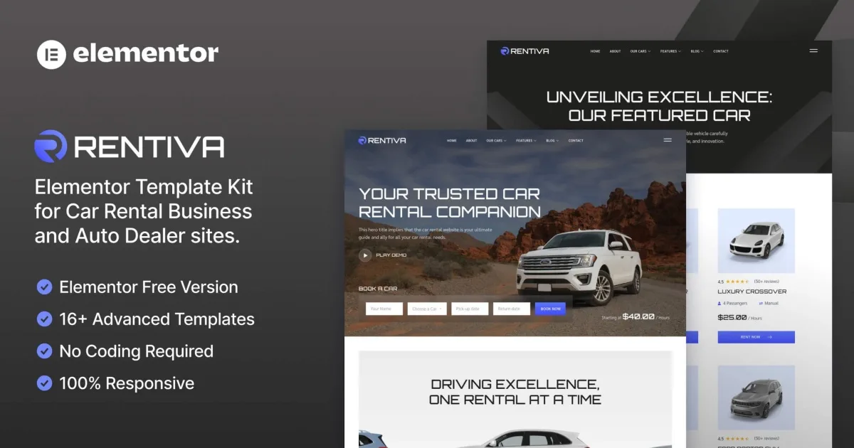 Rentiva – Car Rental Business & Auto Dealer Elementor Template Kit