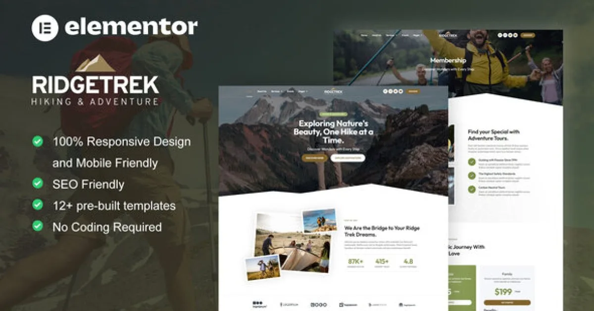 RidgeTrek – Hiking & Adventure Elementor Template Kit
