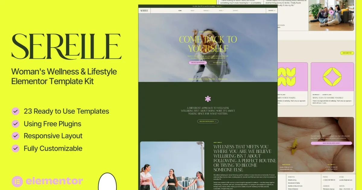 Serelle — Womens Wellness & Lifestyle Elementor Template Kit