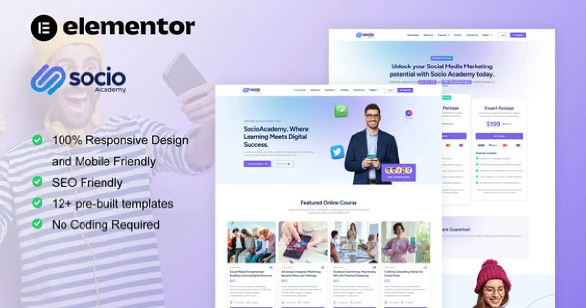 SocioAcademy – Social Media Management Course Elementor Template Kit - Official Release Preview