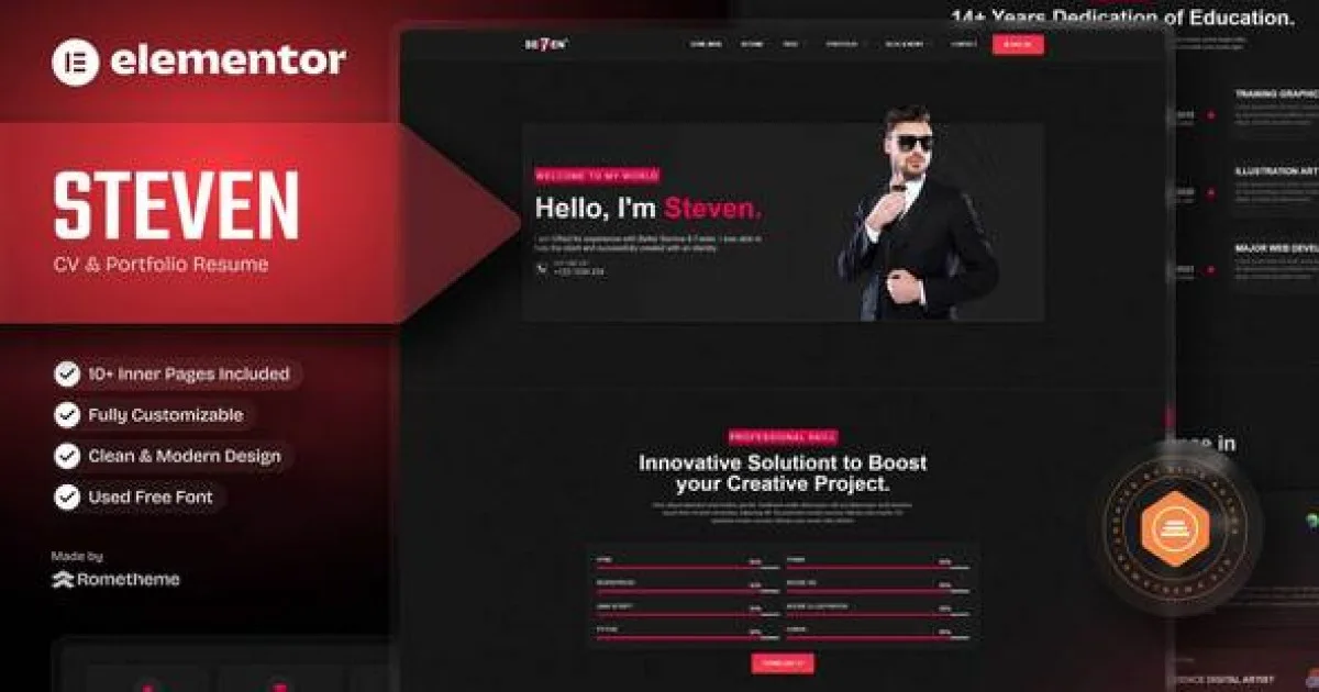 Steven – Dark CV Portfolio Resume Elementor Template Kit