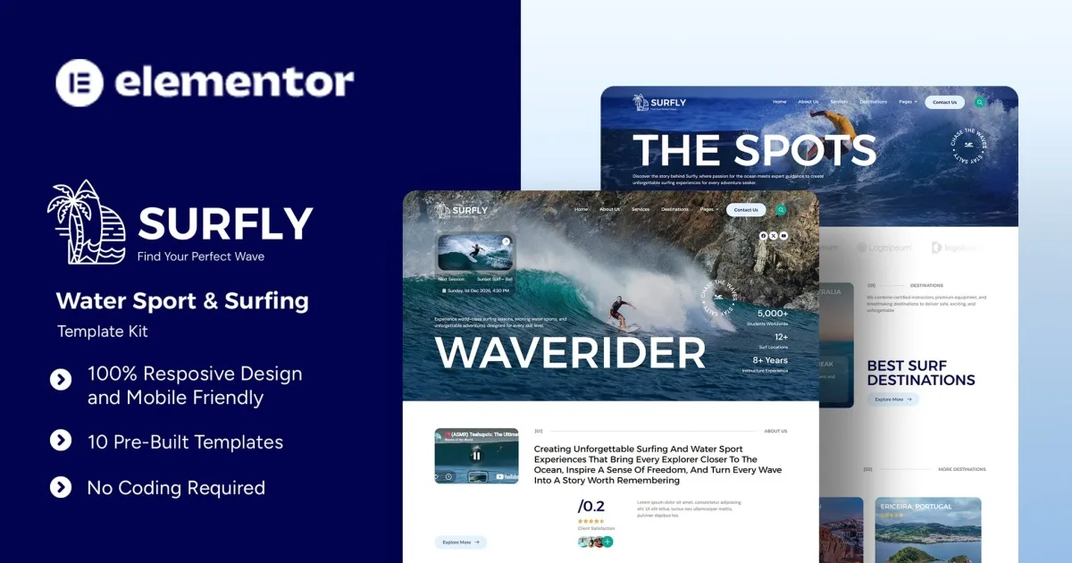 Surfly – Water Sport & Surfing Elementor Template Kit