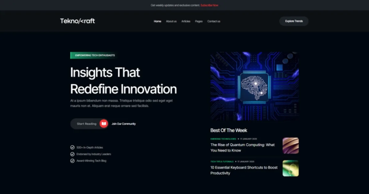 Teknocraft – Dark Theme Technology Blog Template Kit