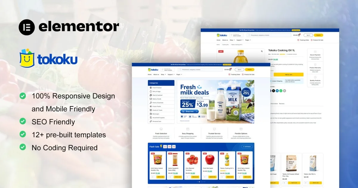 Tokoku – Grocery Store Food Elementor Pro Template Kit