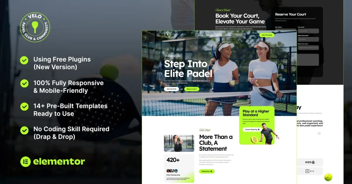 Velo – Padel Club & Community Elementor Template Kit