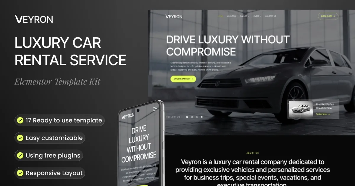 Veyron – Luxury Car Rental Service Elementor Template Kit