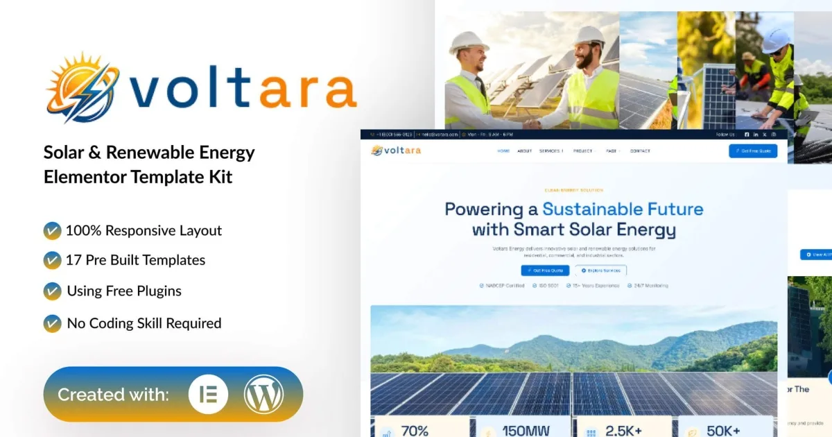 Voltara – Solar & Renewable Energy Elementor Template Kit