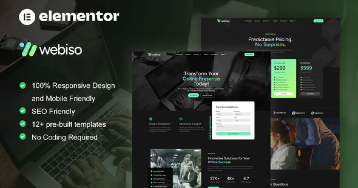 Webiso – Dark Digital Agency Elementor Template Kit - Official Release Preview
